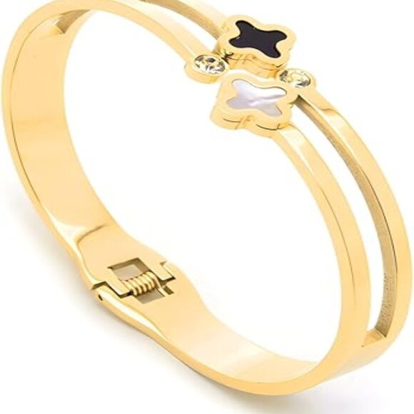 18K Gold Plated‎ Plated Clover Lucky Bangle Bracelet,Black and White Shell& - Picture 1 of 4